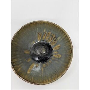 Rustic Stoneware Decorative  Bowl | Green & Gold Drip Glaze  8" Earthtone
